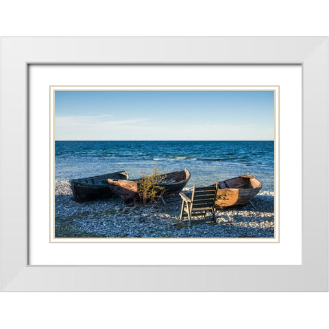 Sweden-Faro Island-Kursviken-coastal farmers fishing boats-sunset White Modern Wood Framed Art Print with Double Matting by Bibikow, Walter