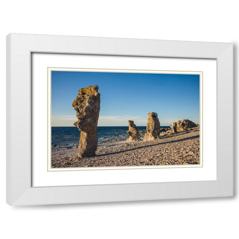 Sweden-Faro Island-Langhammars Area-Langhammar coastal limestone rauk rock-sunset White Modern Wood Framed Art Print with Double Matting by Bibikow, Walter