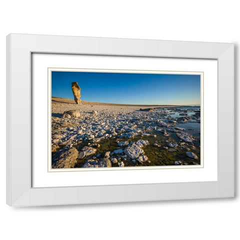 Sweden-Faro Island-Langhammars Area-Langhammar coastal limestone rauk rock-sunset White Modern Wood Framed Art Print with Double Matting by Bibikow, Walter