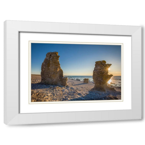 Sweden-Faro Island-Langhammars Area-Langhammar coastal limestone rauk rock-sunset White Modern Wood Framed Art Print with Double Matting by Bibikow, Walter