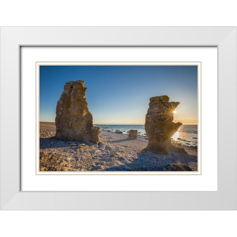 Sweden-Faro Island-Langhammars Area-Langhammar coastal limestone rauk rock-sunset White Modern Wood Framed Art Print with Double Matting by Bibikow, Walter