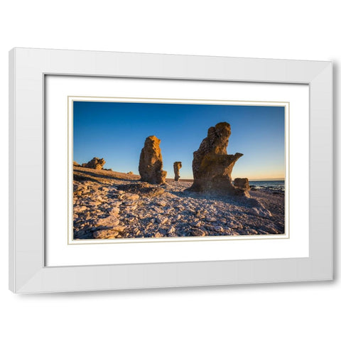 Sweden-Faro Island-Langhammars Area-Langhammar coastal limestone rauk rock-sunset White Modern Wood Framed Art Print with Double Matting by Bibikow, Walter