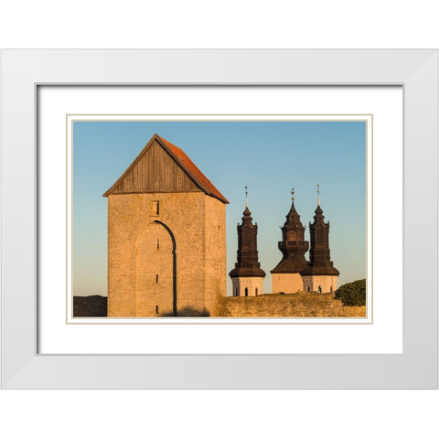 Sweden-Gotland Island-Visby-12th century city wall-most complete medieval city wall in Europe-Oster White Modern Wood Framed Art Print with Double Matting by Bibikow, Walter