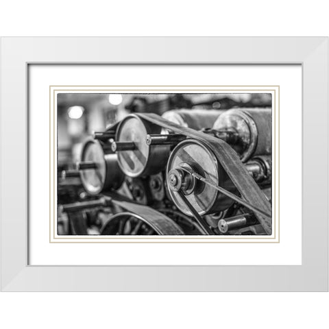 Sweden-Norrkoping-former mill town-19th century cloth loom pulleys White Modern Wood Framed Art Print with Double Matting by Bibikow, Walter