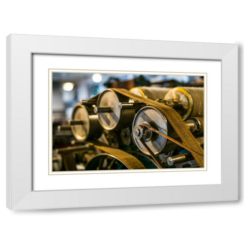 Sweden-Norrkoping-former mill town-19th century cloth loom pulleys White Modern Wood Framed Art Print with Double Matting by Bibikow, Walter