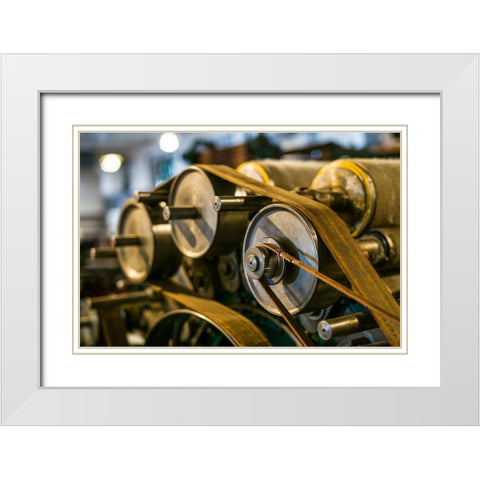 Sweden-Norrkoping-former mill town-19th century cloth loom pulleys White Modern Wood Framed Art Print with Double Matting by Bibikow, Walter
