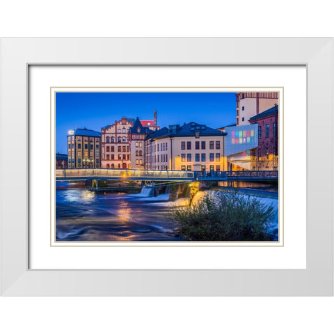 Sweden-Norrkoping-early Swedish industrial town-factory buildings-dusk White Modern Wood Framed Art Print with Double Matting by Bibikow, Walter