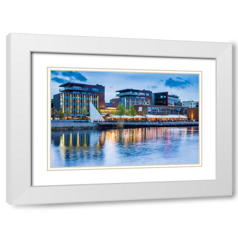 Sweden-Lake Vattern Area-Jonkoping-renovated harbor area along Munksjon Bay-dusk White Modern Wood Framed Art Print with Double Matting by Bibikow, Walter