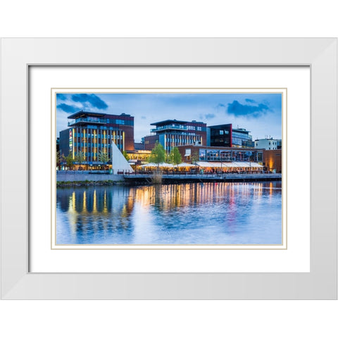 Sweden-Lake Vattern Area-Jonkoping-renovated harbor area along Munksjon Bay-dusk White Modern Wood Framed Art Print with Double Matting by Bibikow, Walter