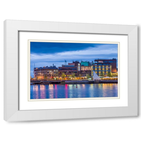 Sweden-Lake Vattern Area-Jonkoping-renovated harbor area along Munksjon Bay-dusk White Modern Wood Framed Art Print with Double Matting by Bibikow, Walter