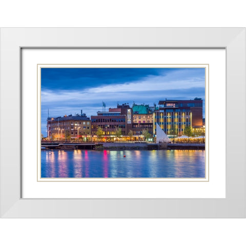 Sweden-Lake Vattern Area-Jonkoping-renovated harbor area along Munksjon Bay-dusk White Modern Wood Framed Art Print with Double Matting by Bibikow, Walter