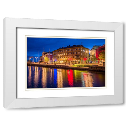 Sweden-Lake Vattern Area-Jonkoping-renovated harbor area along Munksjon Bay-dusk White Modern Wood Framed Art Print with Double Matting by Bibikow, Walter