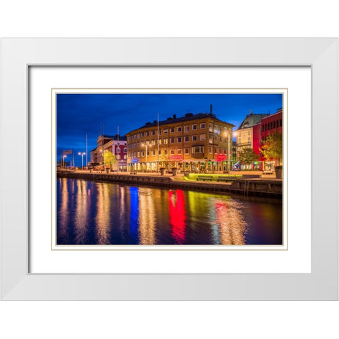 Sweden-Lake Vattern Area-Jonkoping-renovated harbor area along Munksjon Bay-dusk White Modern Wood Framed Art Print with Double Matting by Bibikow, Walter