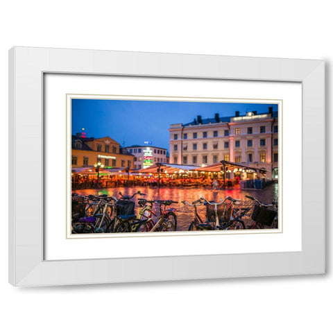 Sweden-Linkoping-cafes and bars on Stora target square-dusk White Modern Wood Framed Art Print with Double Matting by Bibikow, Walter