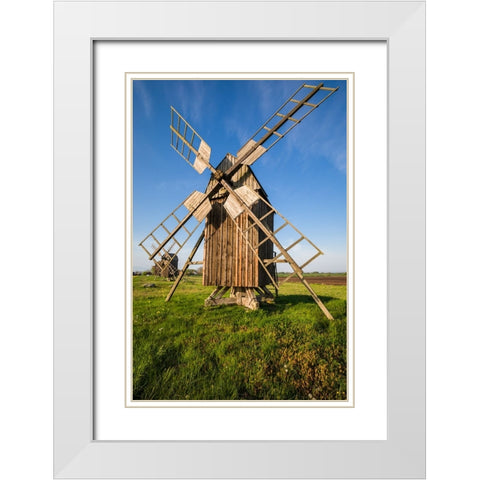 Sweden-Oland Island-Lerkaka-antique wooden windmills White Modern Wood Framed Art Print with Double Matting by Bibikow, Walter