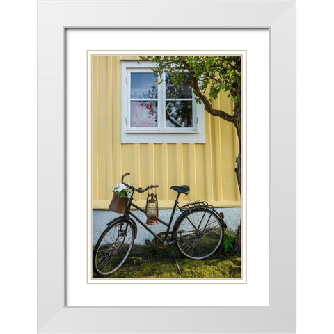 Southern Sweden-Karlskrona-Bjorkholmen area-the neighborhood of naval craftsmen-bicycle White Modern Wood Framed Art Print with Double Matting by Bibikow, Walter