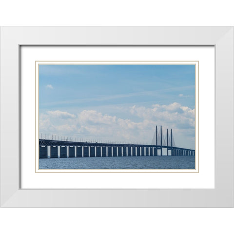 Sweden-Scania-Malmo-Oresund Bridge-longest cable-tied bridge in Europe-linking Sweden and Denmark White Modern Wood Framed Art Print with Double Matting by Bibikow, Walter