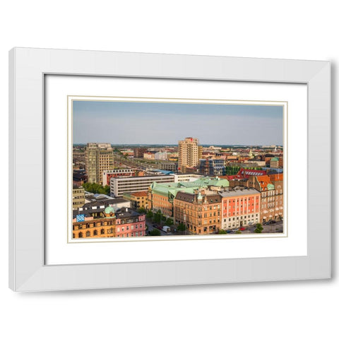 Sweden-Scania-Malmo-Inre Hamnen inner harbor-elevated skyline view White Modern Wood Framed Art Print with Double Matting by Bibikow, Walter