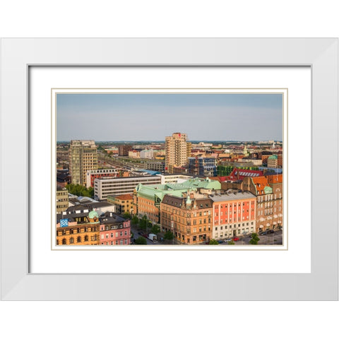 Sweden-Scania-Malmo-Inre Hamnen inner harbor-elevated skyline view White Modern Wood Framed Art Print with Double Matting by Bibikow, Walter
