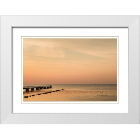 Sweden-Scania-Malmo-Riberborgs Stranden beach area-pier at sunset White Modern Wood Framed Art Print with Double Matting by Bibikow, Walter