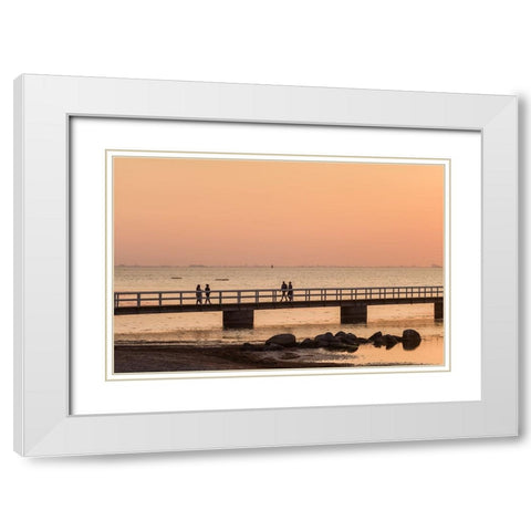 Sweden-Scania-Malmo-Riberborgs Stranden beach area-pier at sunset White Modern Wood Framed Art Print with Double Matting by Bibikow, Walter