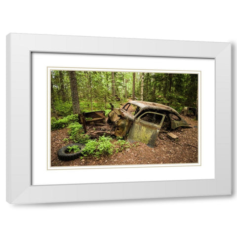 Sweden-Smaland-Ryd-Kyrko Mosse Car Cemetery-former junkyard now pubic park-junked cars White Modern Wood Framed Art Print with Double Matting by Bibikow, Walter