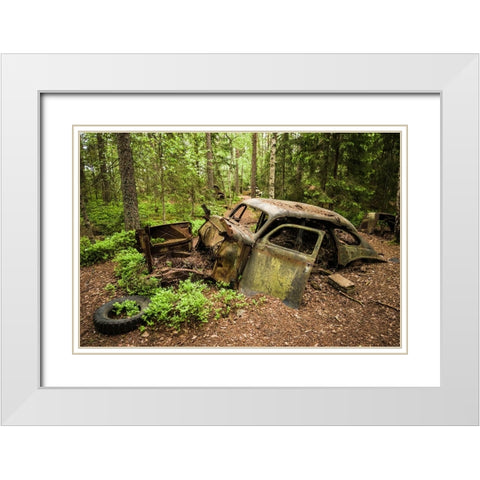 Sweden-Smaland-Ryd-Kyrko Mosse Car Cemetery-former junkyard now pubic park-junked cars White Modern Wood Framed Art Print with Double Matting by Bibikow, Walter