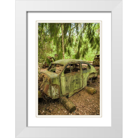 Sweden-Smaland-Ryd-Kyrko Mosse Car Cemetery-former junkyard now pubic park-junked cars White Modern Wood Framed Art Print with Double Matting by Bibikow, Walter