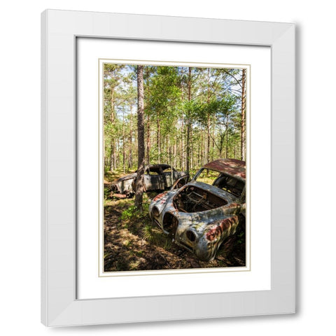 Sweden-Smaland-Ryd-Kyrko Mosse Car Cemetery-former junkyard now pubic park-junked cars White Modern Wood Framed Art Print with Double Matting by Bibikow, Walter