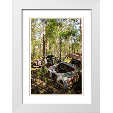 Sweden-Smaland-Ryd-Kyrko Mosse Car Cemetery-former junkyard now pubic park-junked cars White Modern Wood Framed Art Print with Double Matting by Bibikow, Walter