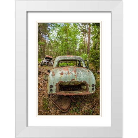 Sweden-Smaland-Ryd-Kyrko Mosse Car Cemetery-former junkyard now pubic park-junked cars White Modern Wood Framed Art Print with Double Matting by Bibikow, Walter