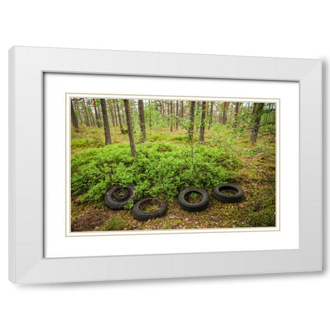 Sweden-Smaland-Ryd-Kyrko Mosse Car Cemetery-former junkyard now pubic park-old tires White Modern Wood Framed Art Print with Double Matting by Bibikow, Walter