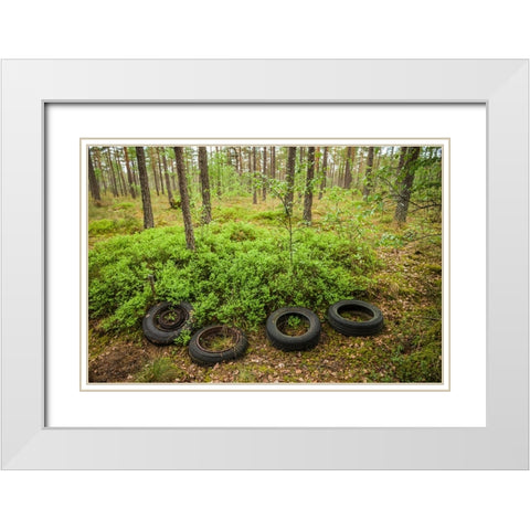 Sweden-Smaland-Ryd-Kyrko Mosse Car Cemetery-former junkyard now pubic park-old tires White Modern Wood Framed Art Print with Double Matting by Bibikow, Walter