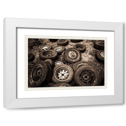 Sweden-Smaland-Ryd-Kyrko Mosse Car Cemetery-former junkyard now pubic park-old tires White Modern Wood Framed Art Print with Double Matting by Bibikow, Walter