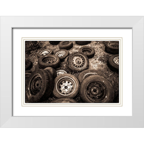 Sweden-Smaland-Ryd-Kyrko Mosse Car Cemetery-former junkyard now pubic park-old tires White Modern Wood Framed Art Print with Double Matting by Bibikow, Walter