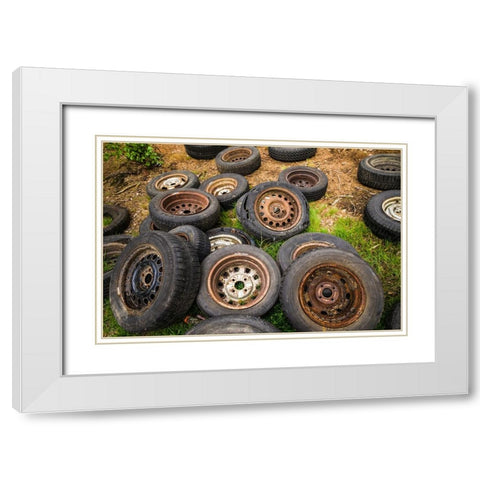 Sweden-Smaland-Ryd-Kyrko Mosse Car Cemetery-former junkyard now pubic park-old tires White Modern Wood Framed Art Print with Double Matting by Bibikow, Walter