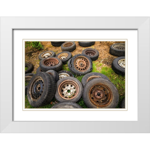 Sweden-Smaland-Ryd-Kyrko Mosse Car Cemetery-former junkyard now pubic park-old tires White Modern Wood Framed Art Print with Double Matting by Bibikow, Walter
