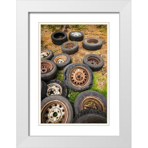 Sweden-Smaland-Ryd-Kyrko Mosse Car Cemetery-former junkyard now pubic park-old tires White Modern Wood Framed Art Print with Double Matting by Bibikow, Walter