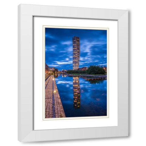 Sweden-Scania-Malmo-Turning Torso building-designed by architect Santiago Calatrava-2005-dusk White Modern Wood Framed Art Print with Double Matting by Bibikow, Walter