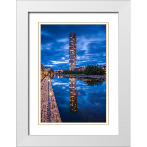 Sweden-Scania-Malmo-Turning Torso building-designed by architect Santiago Calatrava-2005-dusk White Modern Wood Framed Art Print with Double Matting by Bibikow, Walter