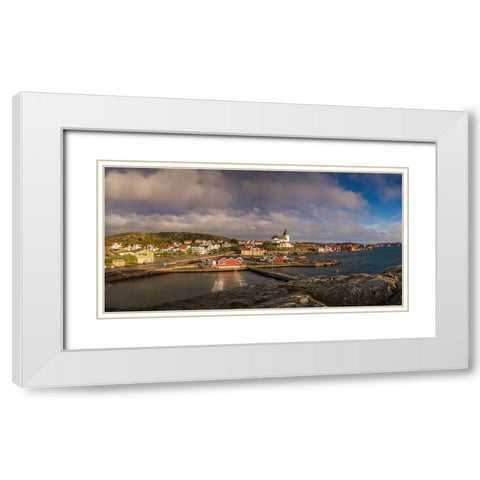 Sweden-Bohuslan-Tjorn Island-Skarhamn-town skyline with Skarhamn church-sunset White Modern Wood Framed Art Print with Double Matting by Bibikow, Walter