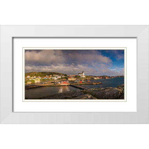 Sweden-Bohuslan-Tjorn Island-Skarhamn-town skyline with Skarhamn church-sunset White Modern Wood Framed Art Print with Double Matting by Bibikow, Walter