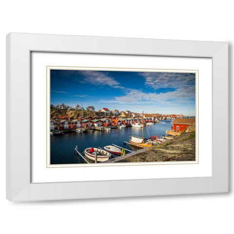 Sweden-Bohuslan-Smogen-Smogenbryggan-antique boat houses and fishing shacks White Modern Wood Framed Art Print with Double Matting by Bibikow, Walter