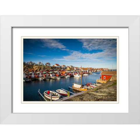 Sweden-Bohuslan-Smogen-Smogenbryggan-antique boat houses and fishing shacks White Modern Wood Framed Art Print with Double Matting by Bibikow, Walter