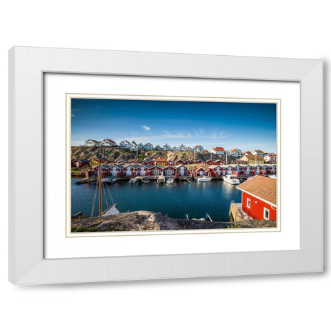 Sweden-Bohuslan-Smogen-Smogenbryggan-antique boat houses and fishing shacks White Modern Wood Framed Art Print with Double Matting by Bibikow, Walter