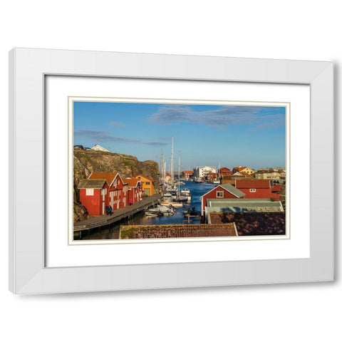Sweden-Bohuslan-Smogen-Smogenbryggan-antique boat houses and fishing shacks White Modern Wood Framed Art Print with Double Matting by Bibikow, Walter