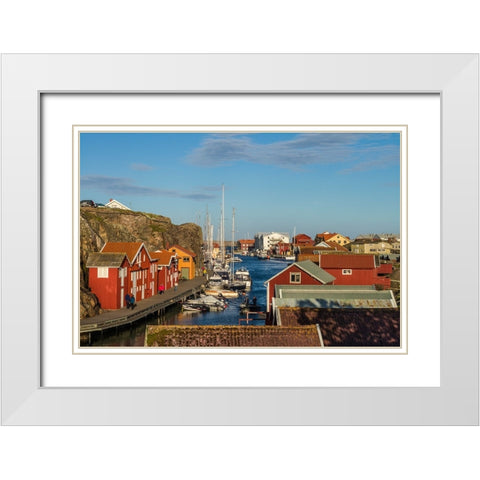 Sweden-Bohuslan-Smogen-Smogenbryggan-antique boat houses and fishing shacks White Modern Wood Framed Art Print with Double Matting by Bibikow, Walter