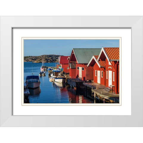 Sweden-Bohuslan-Kungshamn-red fishing shacks in the Fisketangen-old fishermans neighborhood White Modern Wood Framed Art Print with Double Matting by Bibikow, Walter