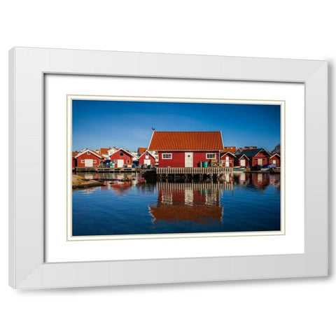Sweden-Bohuslan-Kungshamn-red fishing shacks in the Fisketangen-old fishermans neighborhood White Modern Wood Framed Art Print with Double Matting by Bibikow, Walter