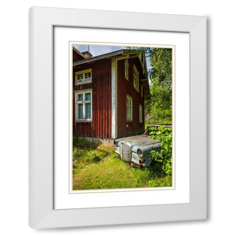 Sweden-Varmland-Bastnas-Bastnas Car Cemetery public park-antique car junkyard White Modern Wood Framed Art Print with Double Matting by Bibikow, Walter